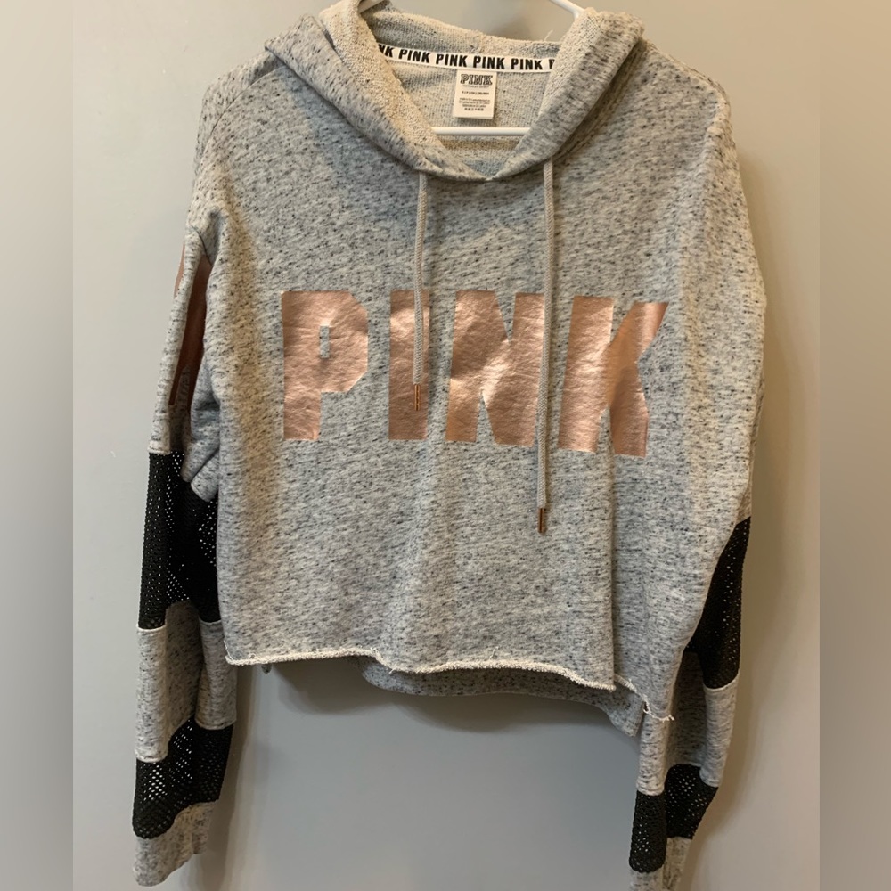 PINK Victoria's Secret Cropped Hooded Sweatshirt! Rose-gold,black & gray! Size S